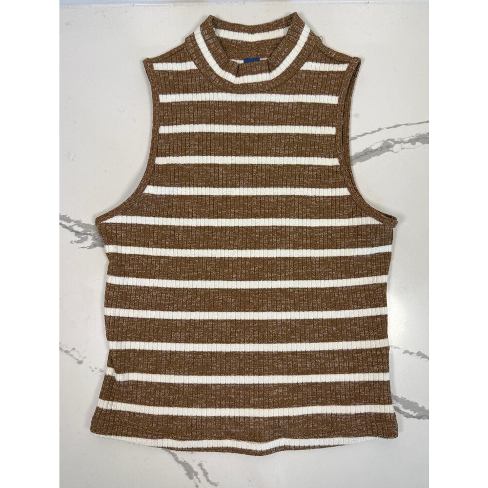 Old Navy Mock Neck Sleeveless Tank Top Layer Brown White‎ Striped Ribbed Size S